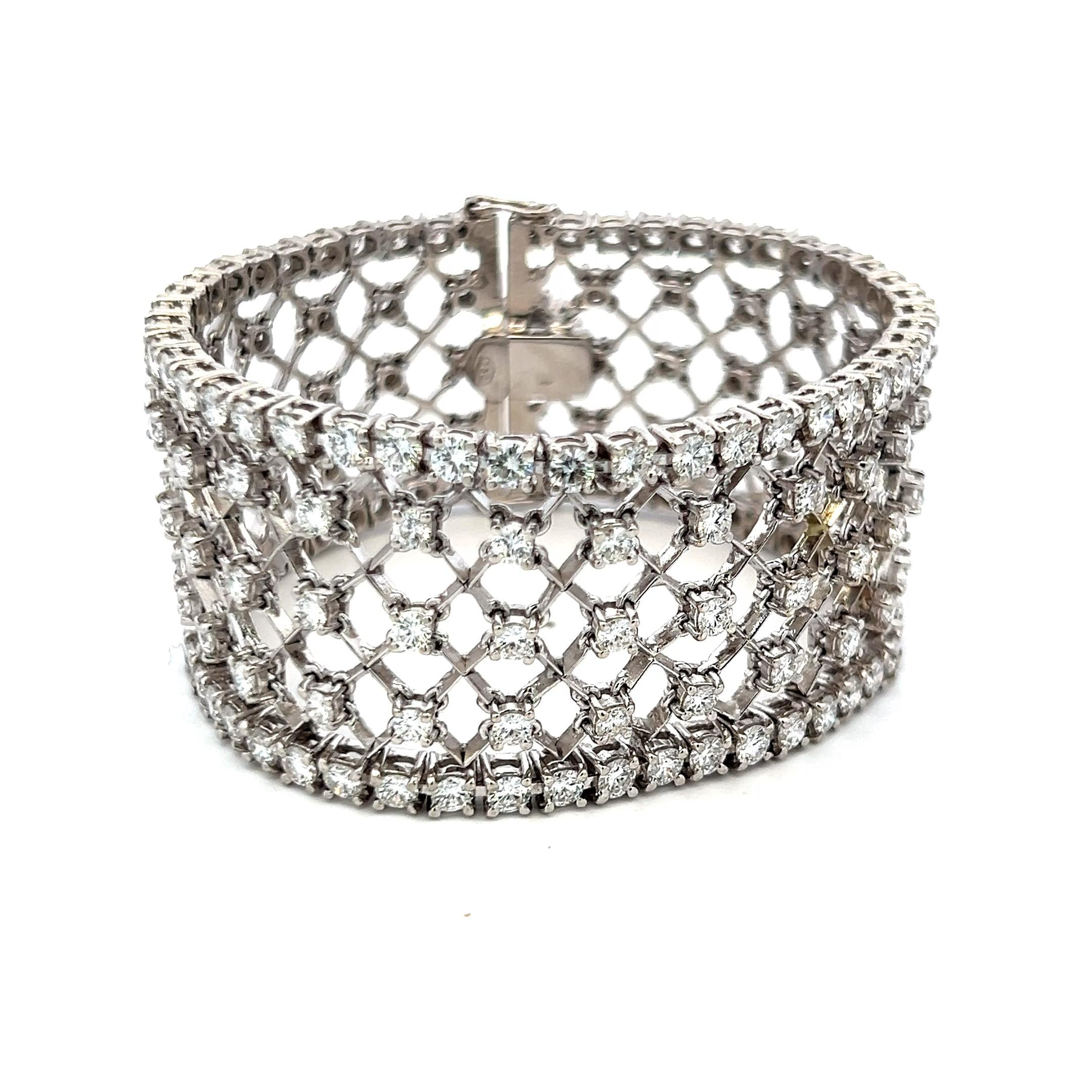 13.00 Carat Round Brilliant Diamond 18K White Gold Wide Mesh Link Bracelet