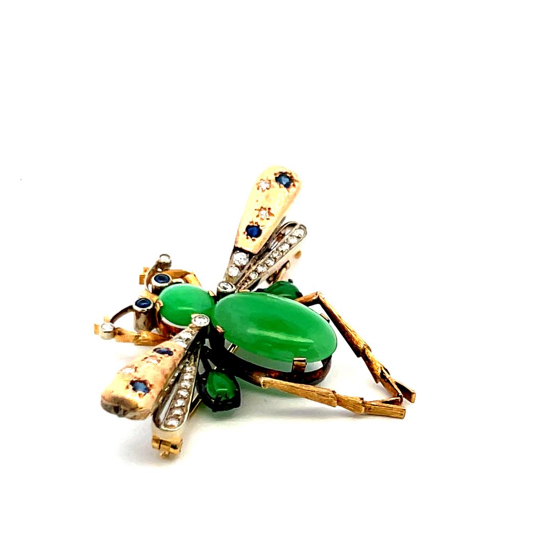 Jade, Diamond and Tanzanite 14K Yellow Gold Vintage Insect Pin Brooch