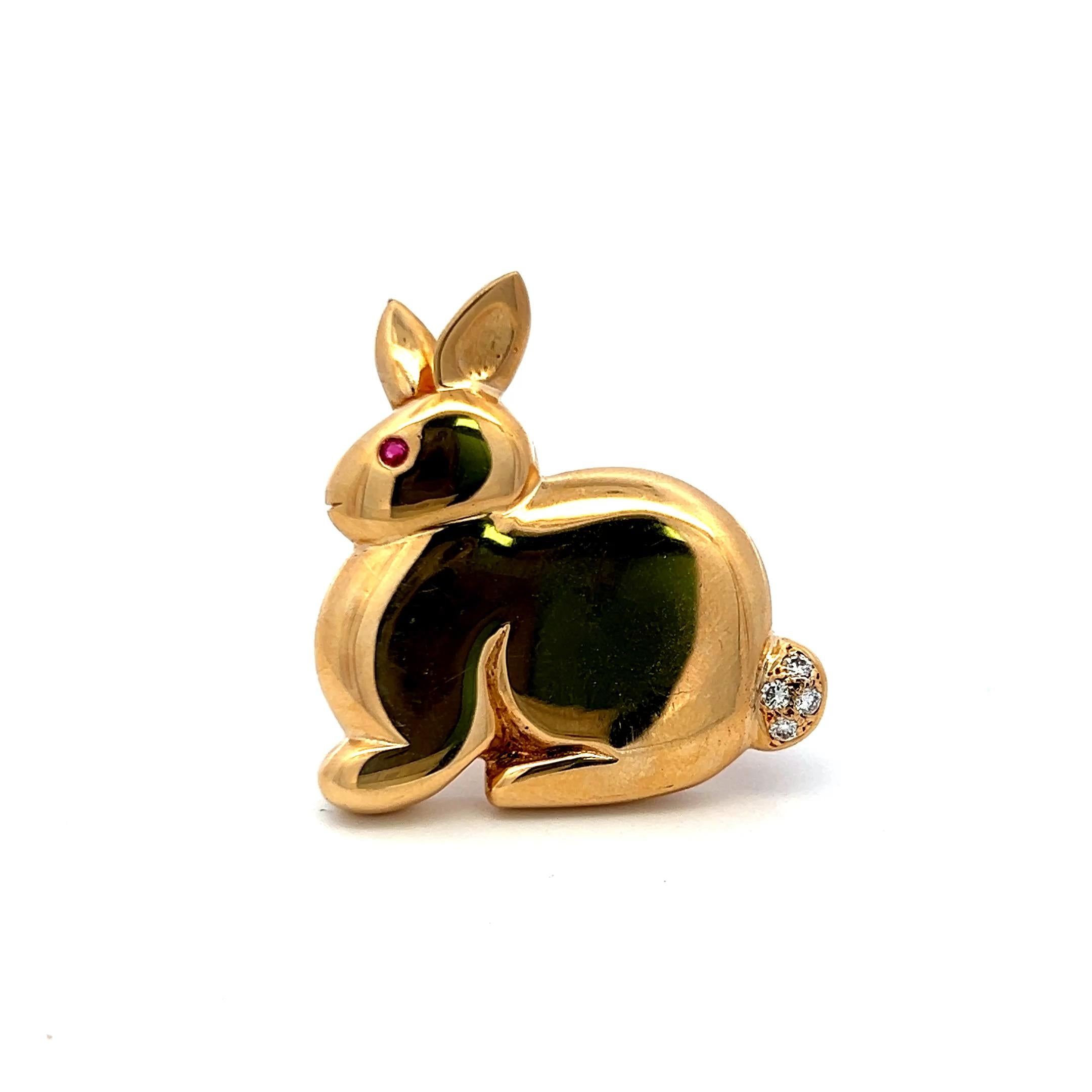 18K Yellow Gold Bunny Brooch with Diamond Tail and Ruby Eye Vintage Pin