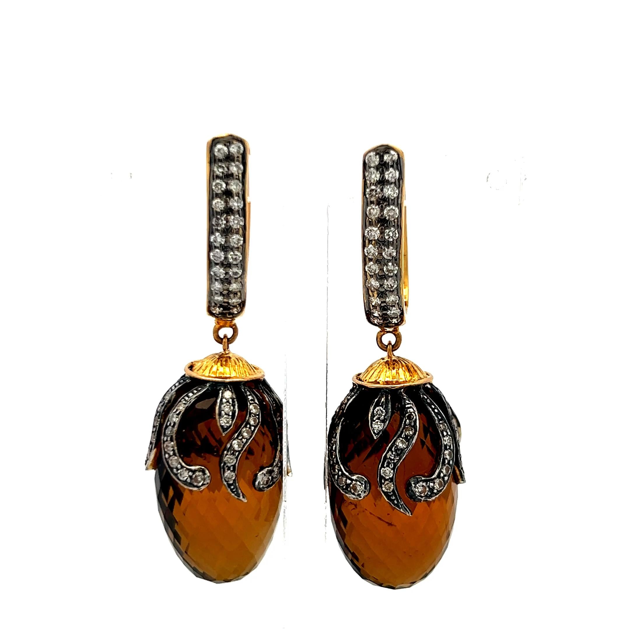 14K YG Dangling Earrings with 1.2 Carat Diamonds and 14.5 X24.5 MM Smokey Quartz