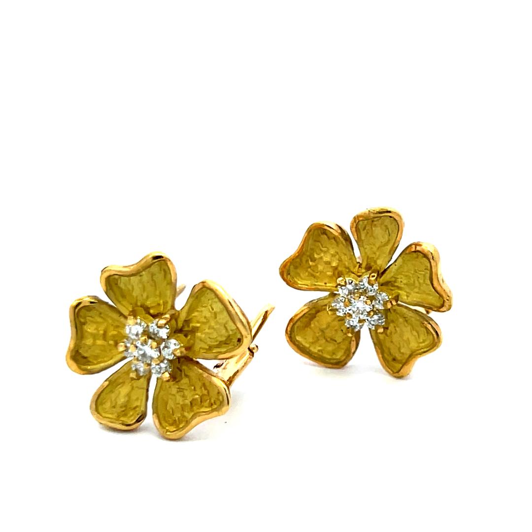 18K Yellow Gold Floral Stud Earrings with 0.42ct F VS Round Brilliant Diamonds