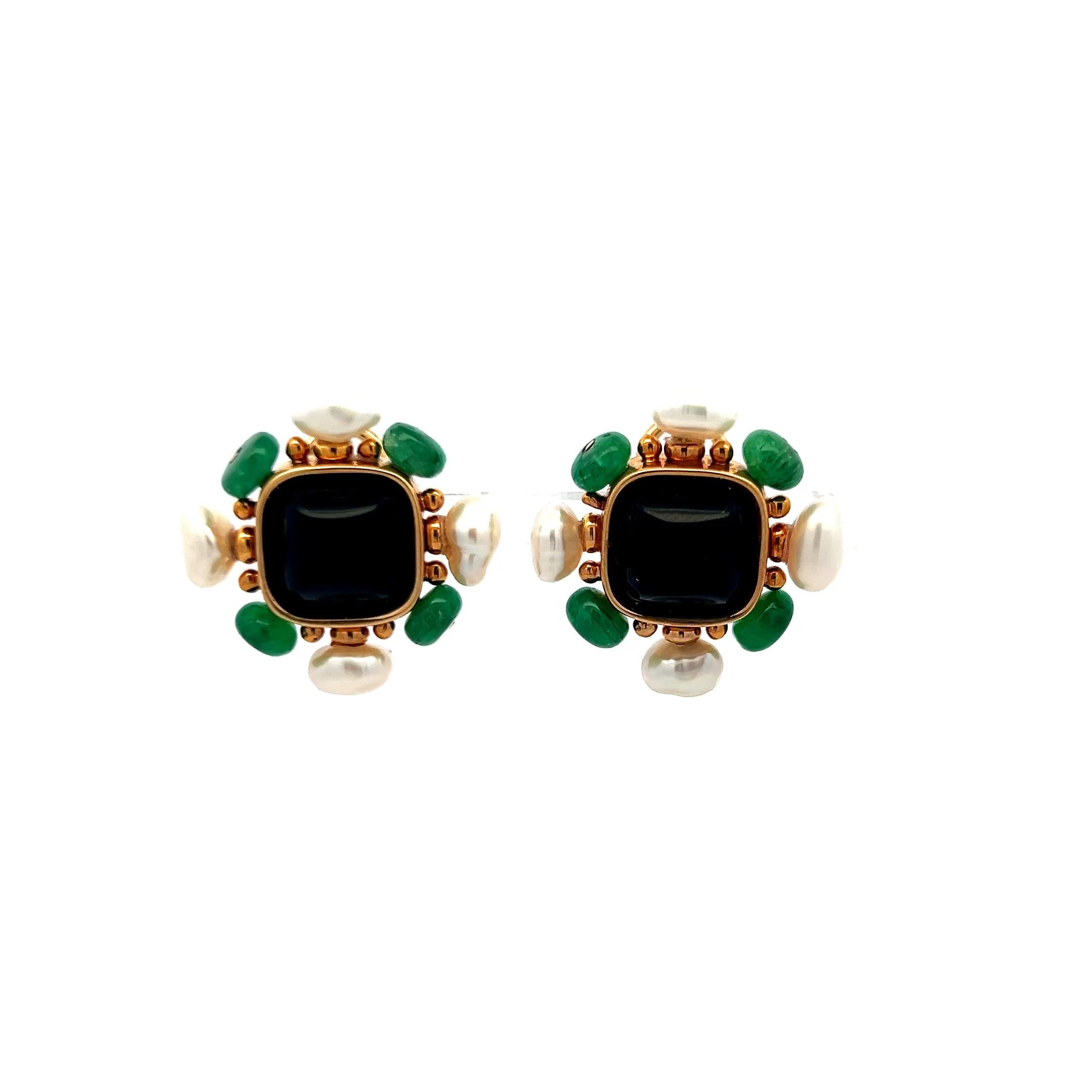 Vintage 14K Yellow Gold Onyx, Emerald & Pearl Floral Clip-On Earrings