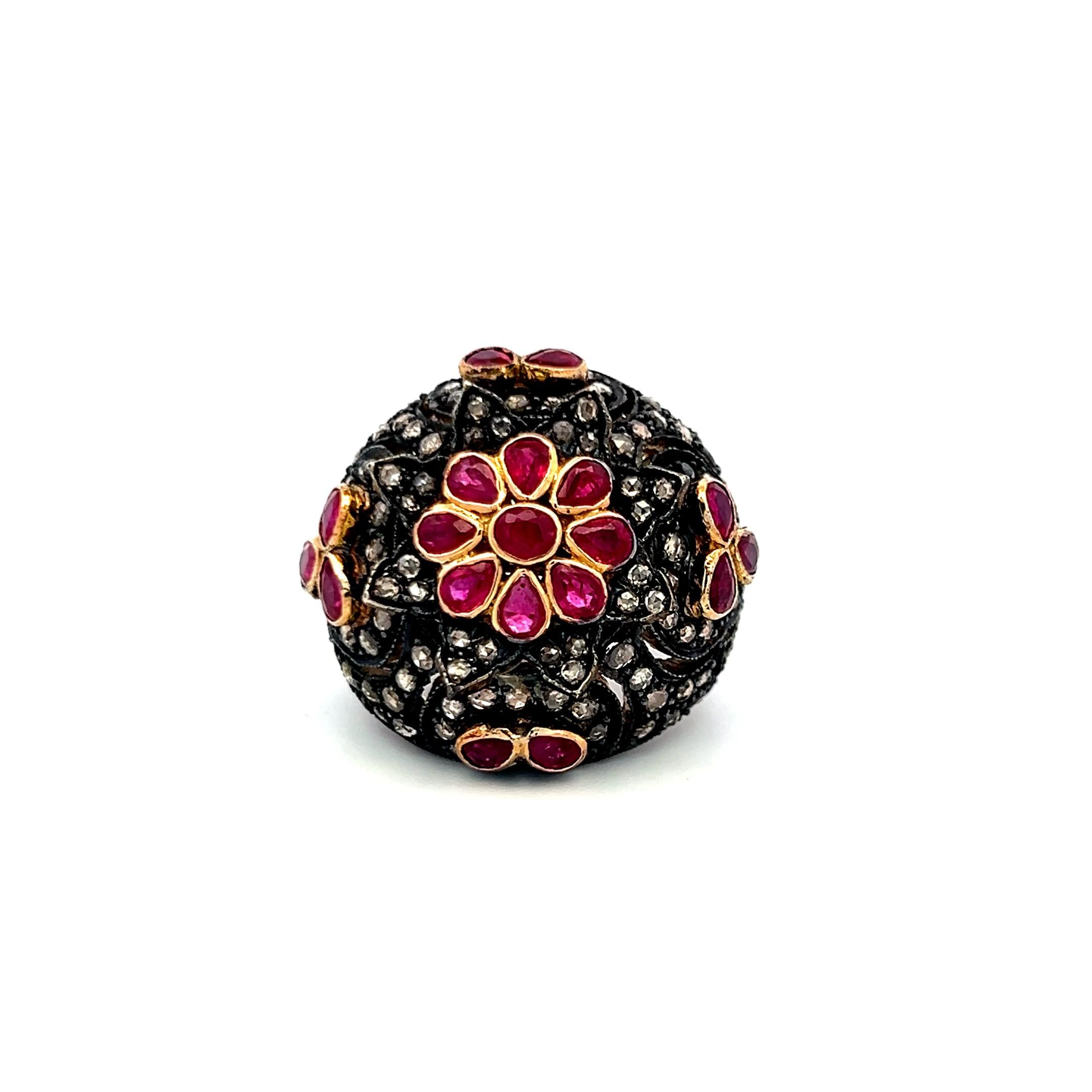 18K Yellow Gold Cocktail Ring with 1ct Rose Cut Diamonds and 4ct Ruby Size 7
