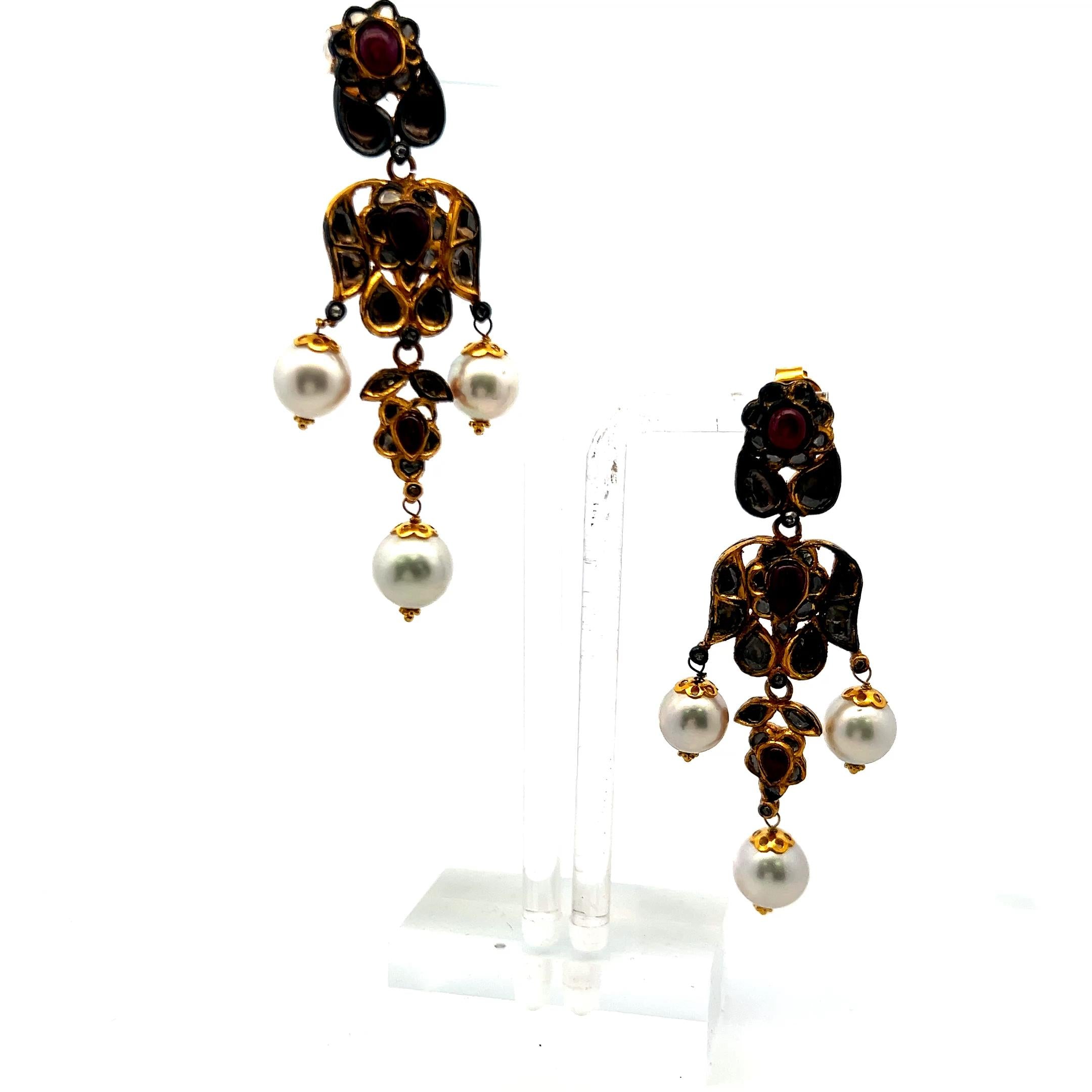 18K Yellow Gold Dangling Earrings with 8.2-9.5 MM Pearls and 2.2 Carat Rubies