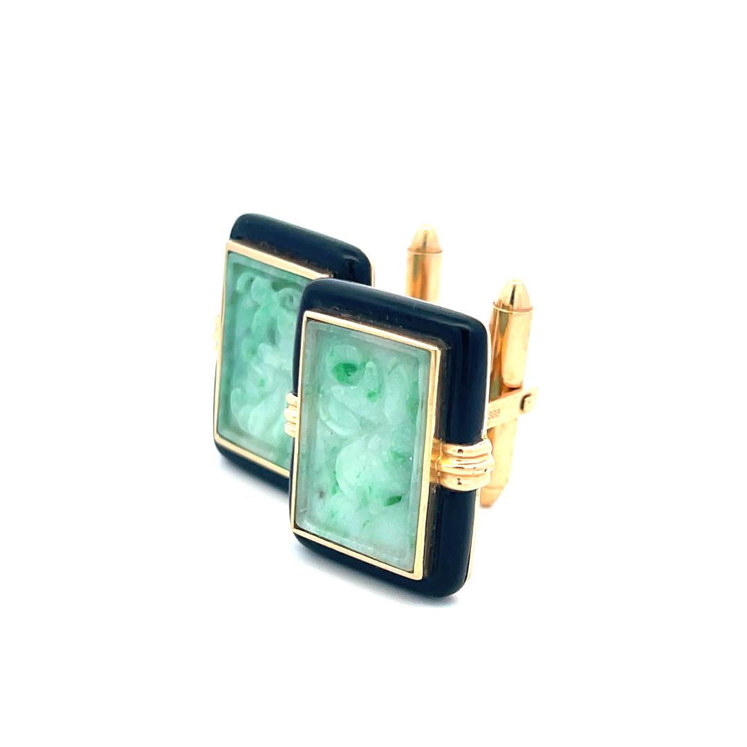 13.60-19.40 MM Jade and Onyx 14 Karat Yellow Gold Locking Cufflinks