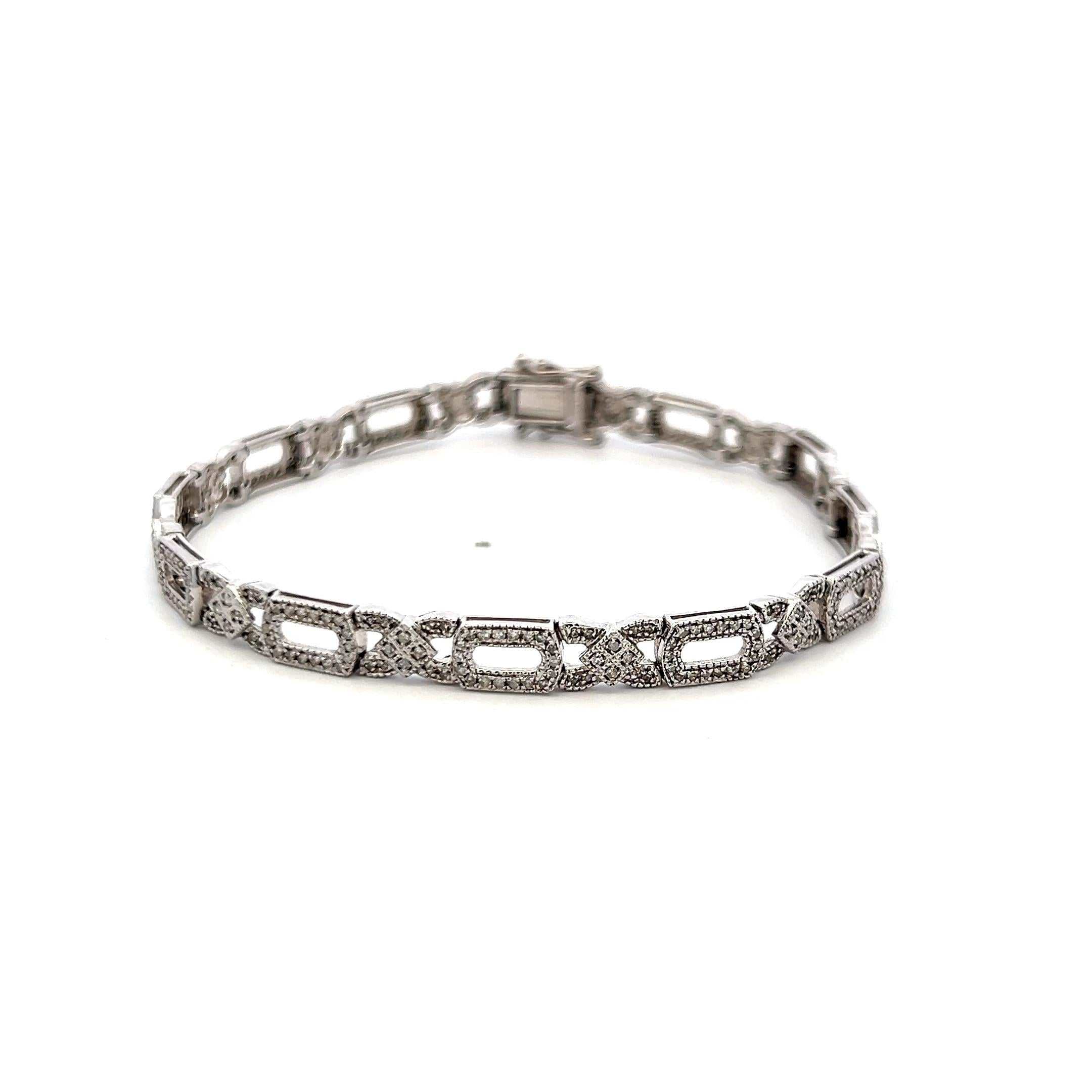 Vintage 14 Karat White Gold Link Bracelet with 1 Carat Round I-SI Diamonds