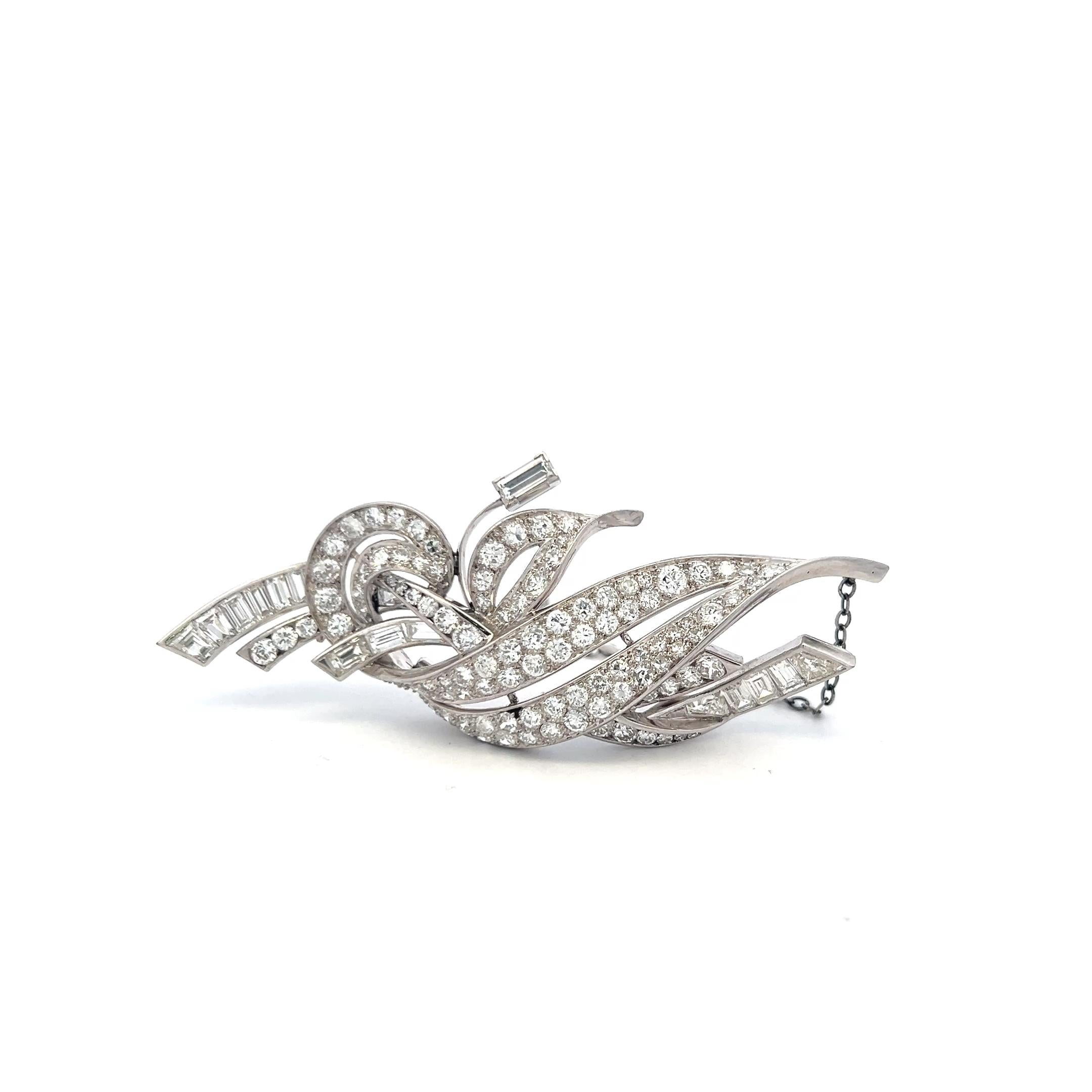 Estate 18K White Gold Pin Brooch with 8 Carat Round & Baguette Shape Diamonds