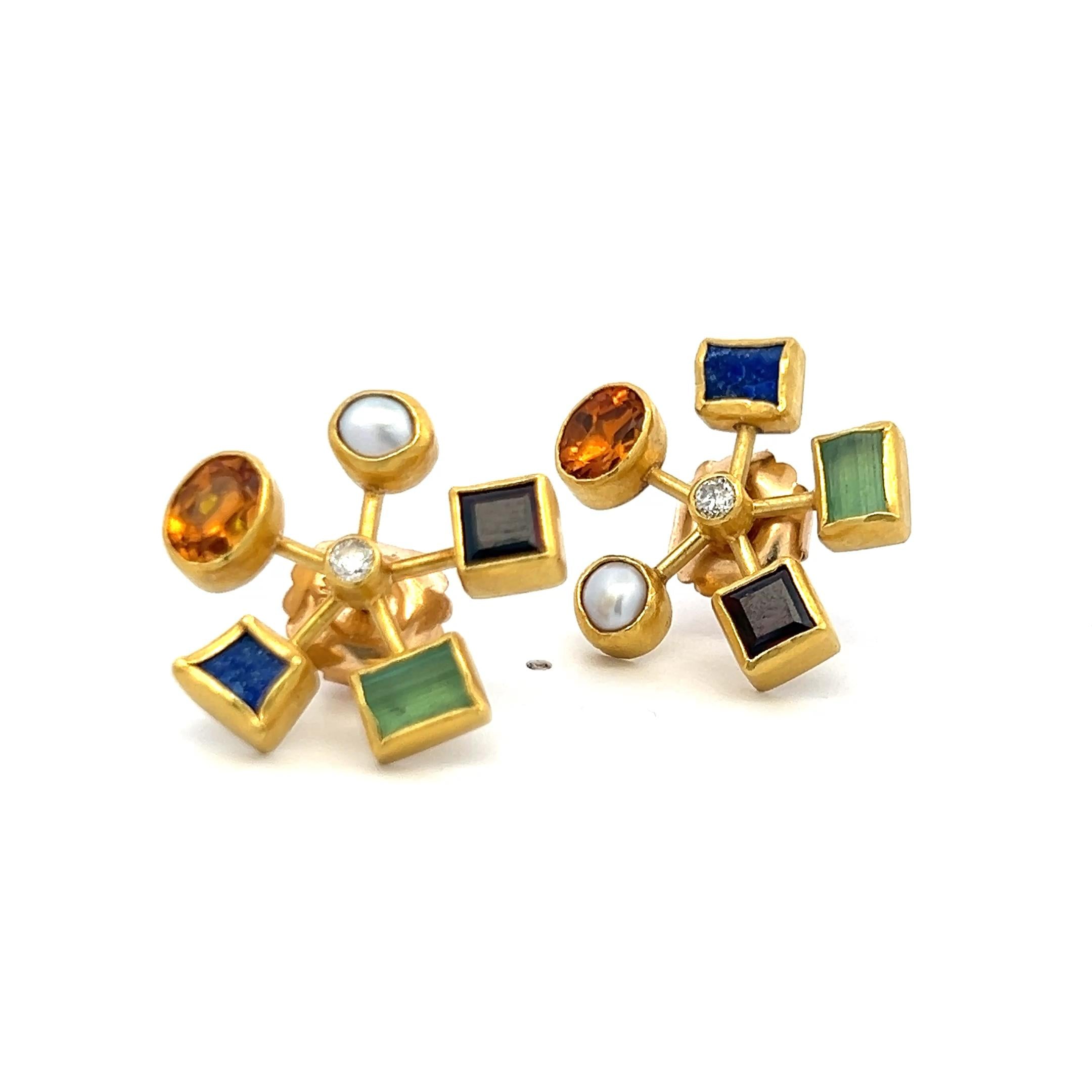 Vintage 18K YG Earrings with 0.14 Carat Diamonds, Pearls & 1 Carat Citrine