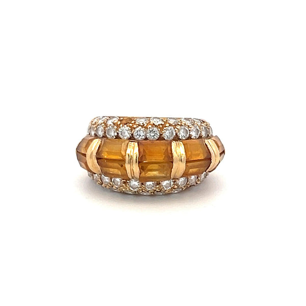 2.50 Carat Citrine 1.50 Carat Round Brilliant Diamond 18K Yellow Gold Band Ring