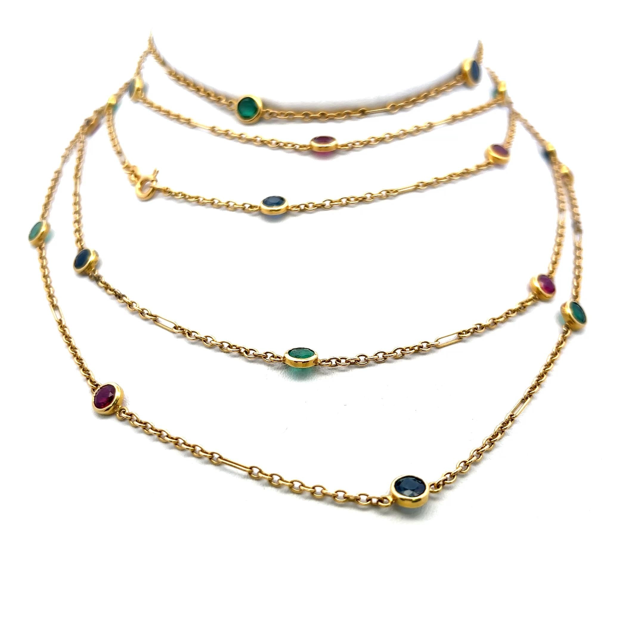 Estate 18K YG Link Necklace with 3.5ct Ruby 3.5ct Sapphire and 3.5ct Emerald