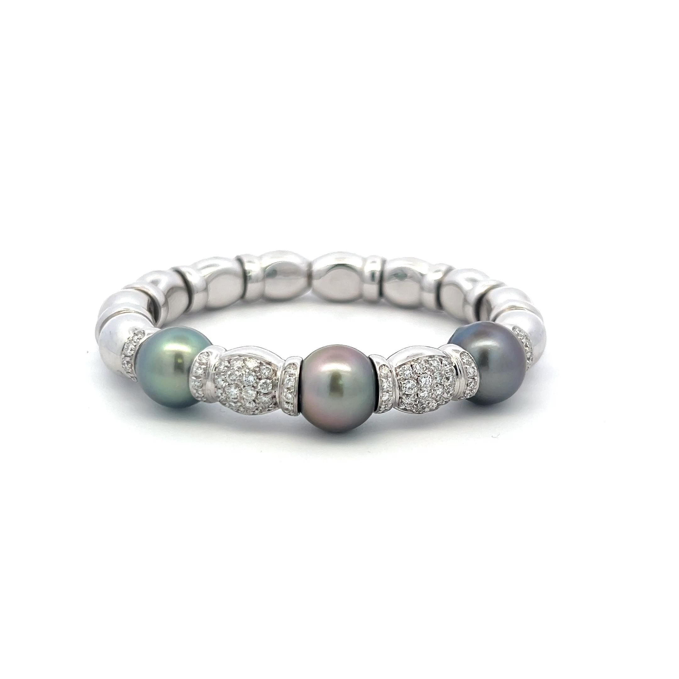 18K WG Bangle Bracelet with 2.5 Carat Round I SI Diamonds and 11.2-11.6mm Pearls