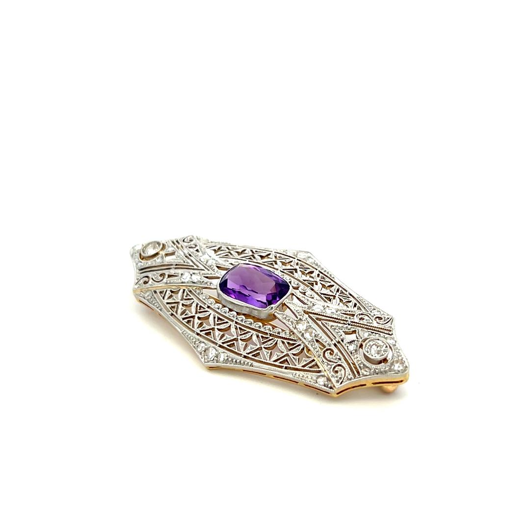 2.50 Carat Amethysts 0.35 Carat Old European Cut Diamond Platinum Pin Brooch