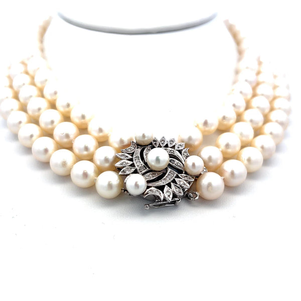 5.9-9.00MM Pearl 0.45 Carat Round Brilliant Diamond 14K WG Choker Necklace