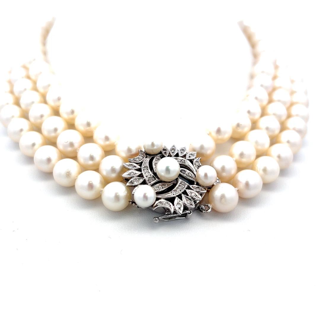 14K WG Choker Necklace with 0.45 Carat Round H SI Diamonds and 5.9-9.00mm Pearls