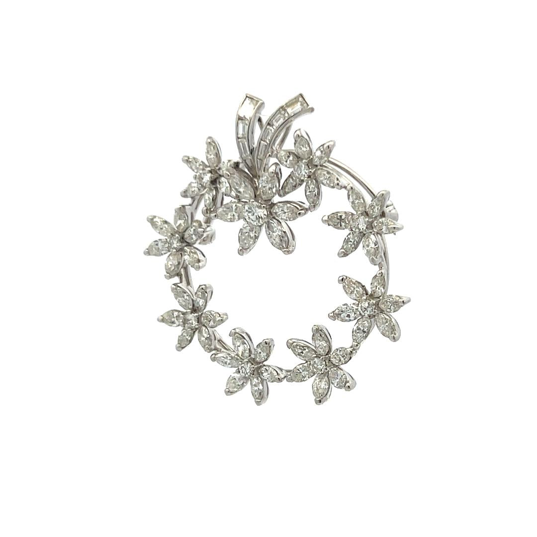 3.64 Carat Marquis Round Brilliant and Baguette Diamond Platinum Pin Brooch