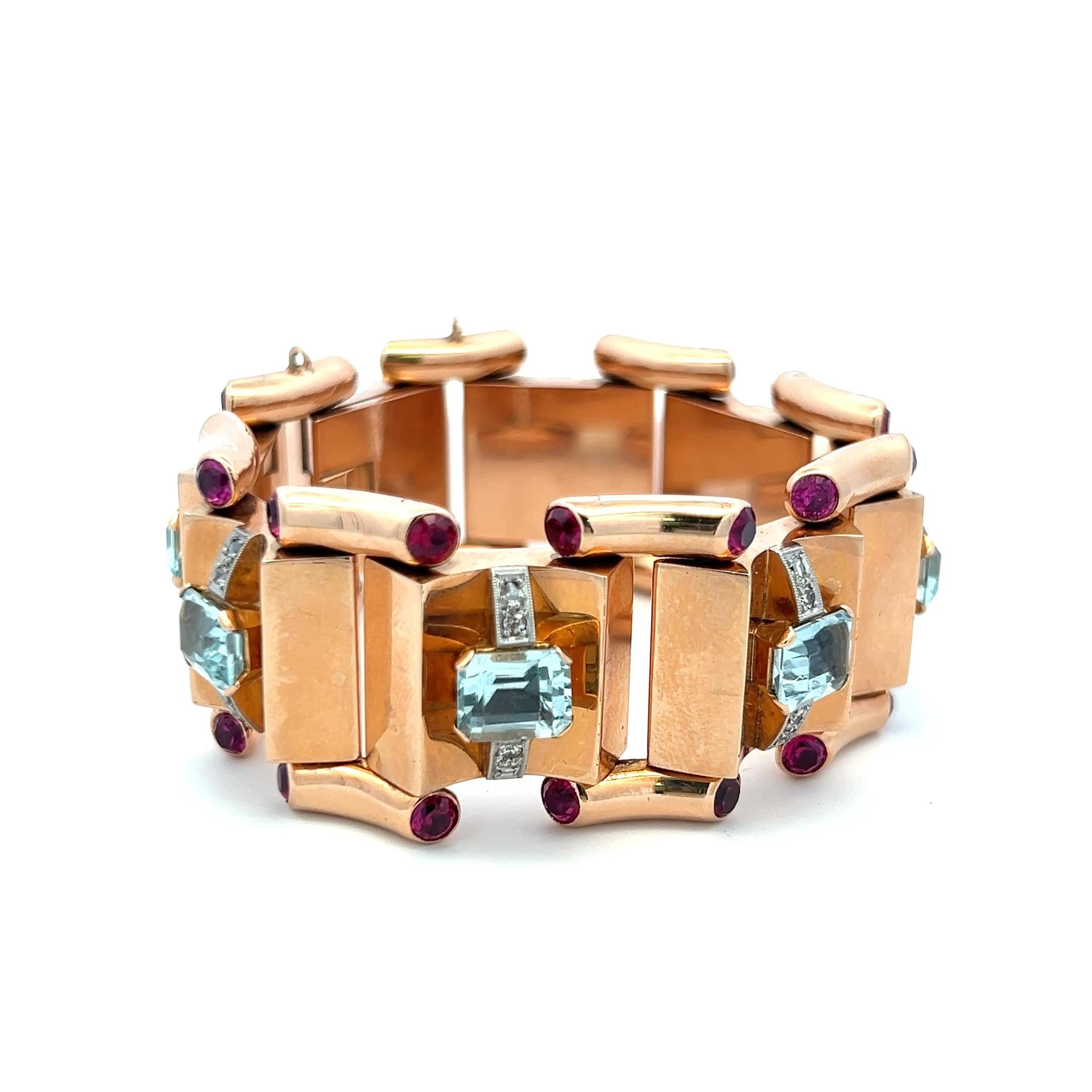 16.00 Carat Aqua 5.00 Carat Ruby 0.28 Cara Diamond 18K Rose Gold Link Bracelet