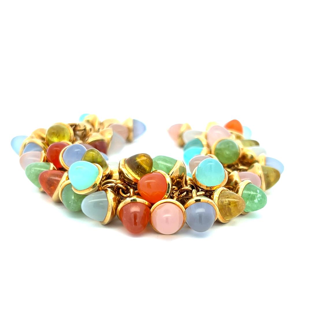 18K Yellow Gold Link Bracelet & Earrings Set with 7.8-9.1 MM Multi Gemstones