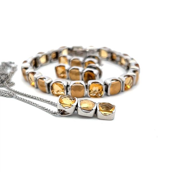 30.00 Carat Citrine 18 Karat White Gold Tennis Bracelet Earrings and Necklace