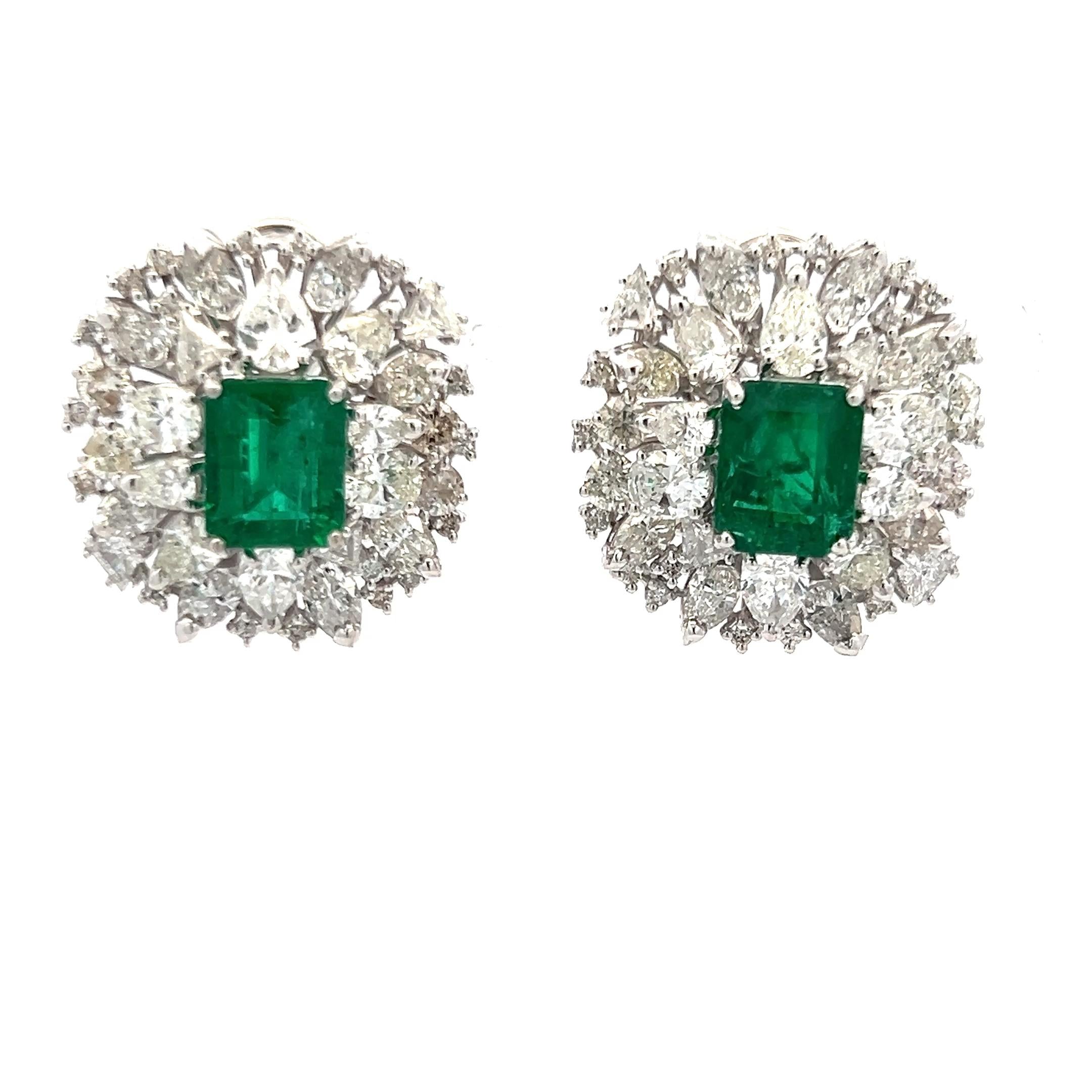 Vintage White Gold Clip On Earrings with 6.42ct Mixed Diamonds & 7.4ct Emerald