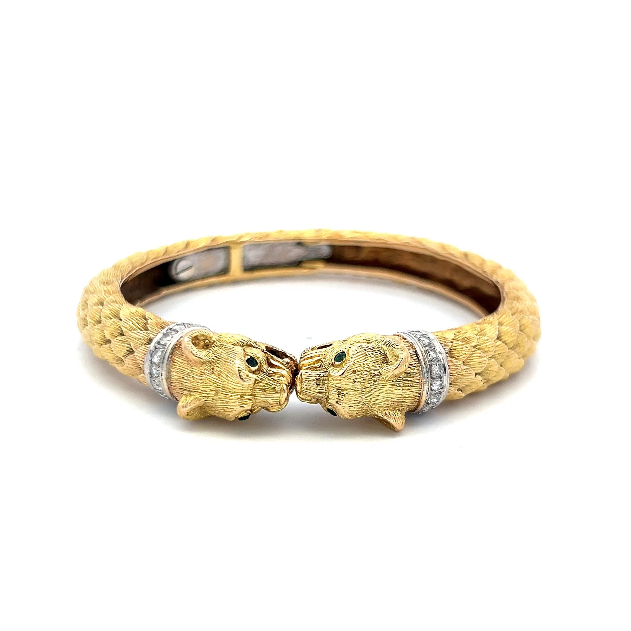 18K Two Tone Gold Bangle Bracelet 0.72ct Round H SI Diamonds & 0.04ct Emerald