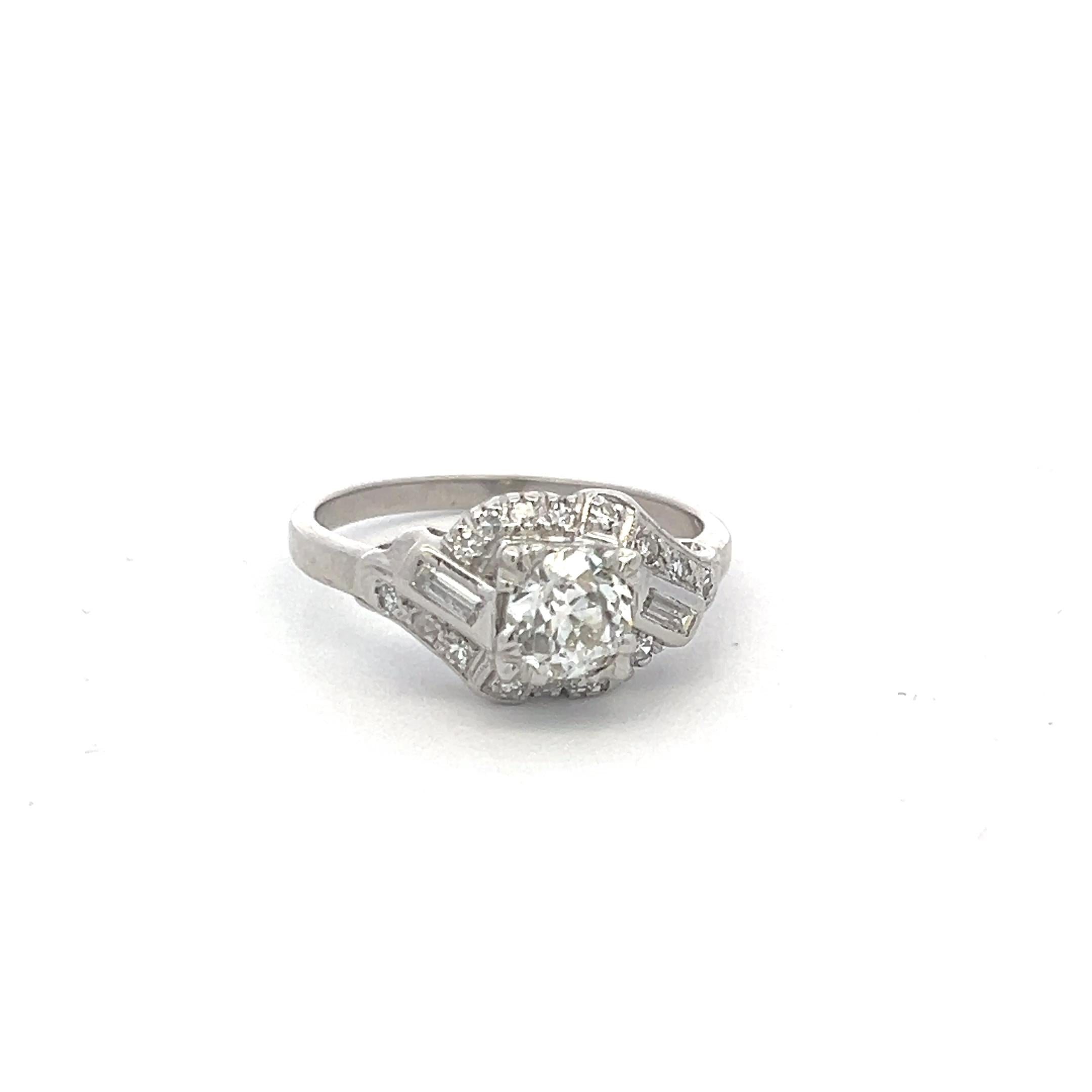 0.97 Carat Circular Brilliant Cut I SI Diamond Platinum Art Deco Ring
