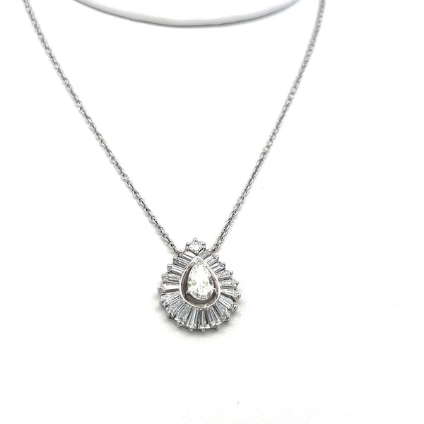 2.32ct Pear, Asscher & Baguette Diamond 14K White Gold Vintage Pendant Necklace