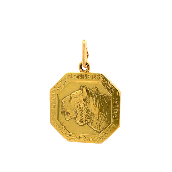 Vintage 60.98 Grams Tiger Medal 18 Karat Yellow Gold Pendant