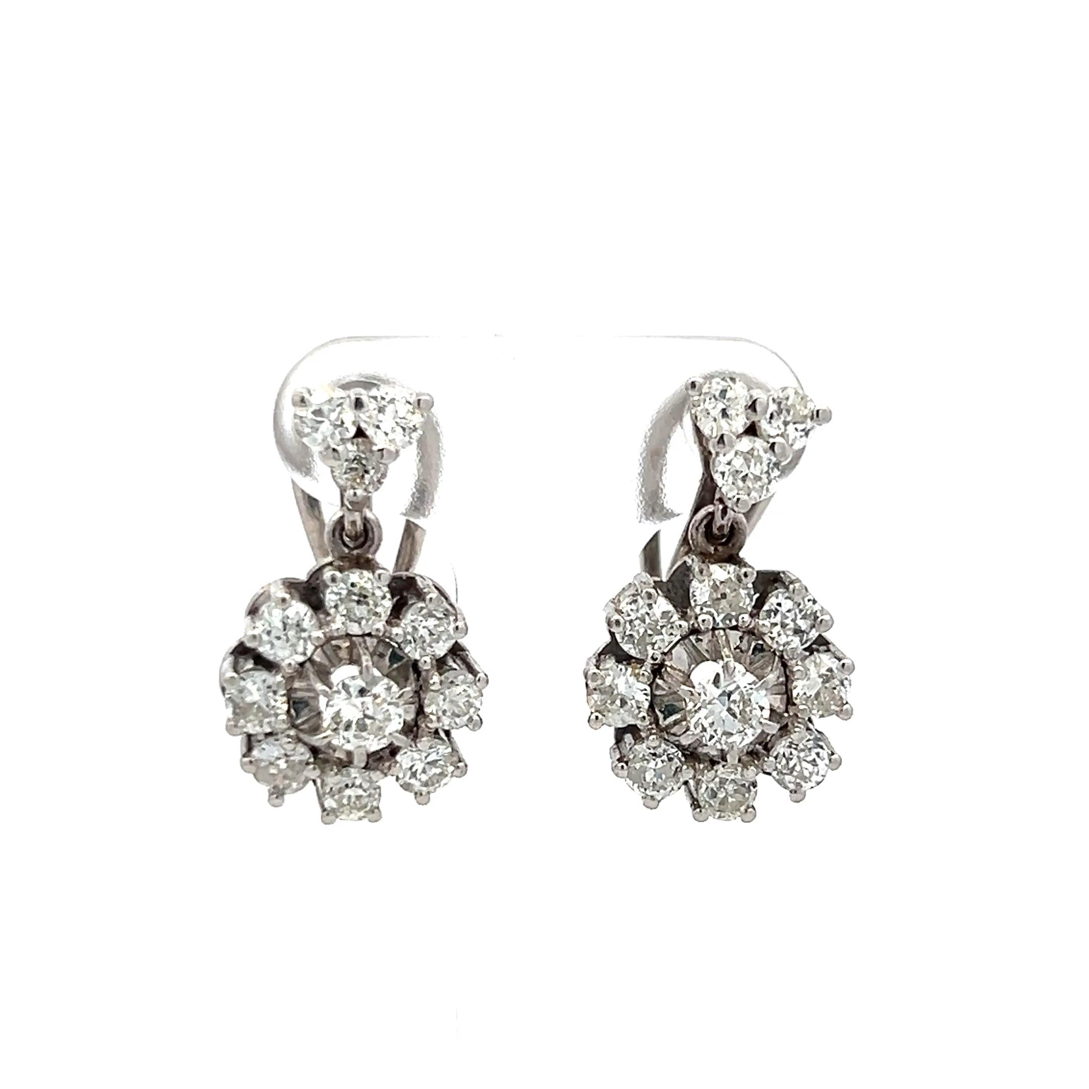 18K White Gold 2.60ct H SI Round Brilliant Diamond Vintage Dangle Earrings