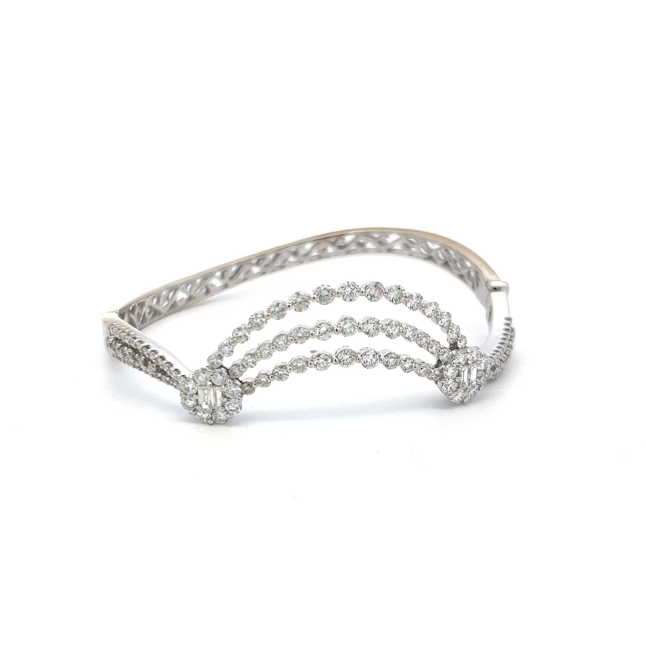 Vintage 18K White Gold Bangle Bracelet with 3.4 Carat Round & Baguette Diamonds