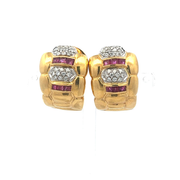 0.60 Carat Round Brilliant Diamond 0.60 Carat Ruby 18K Gold Clip on Earrings
