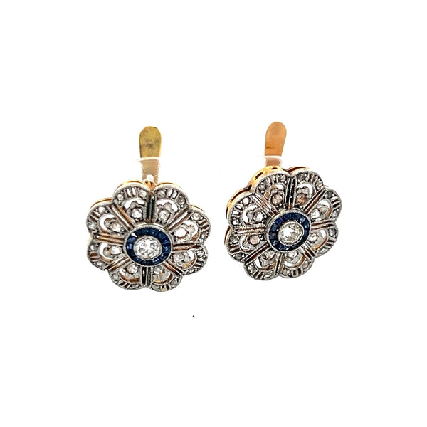 0.57 Carat Old European Cut Diamond 0.14 Carat Sapphire 18K GLD/PLAT Earrings