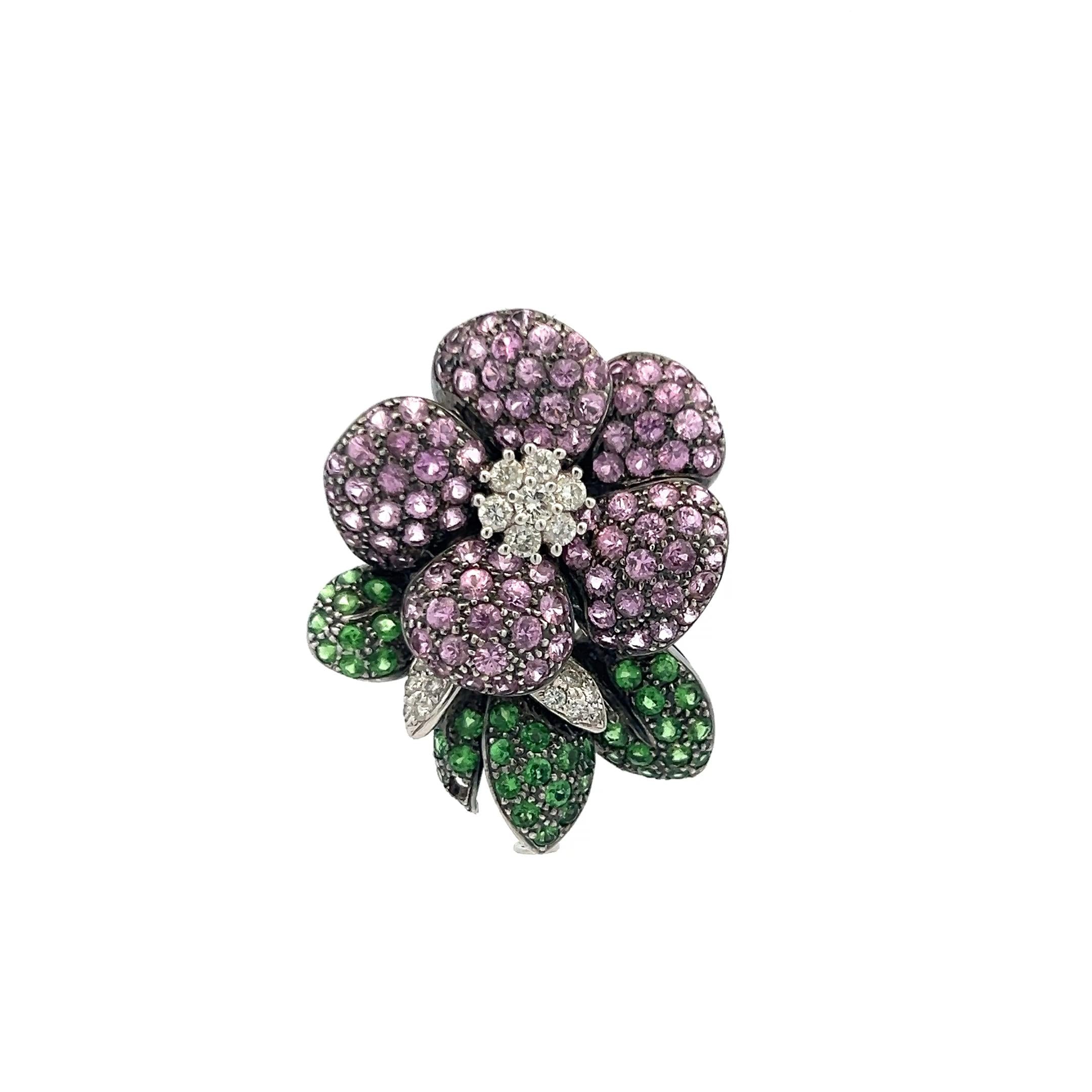3.80 Carat Sapphire 1.25 Carat Tsavorite 0.50 Carat Diamond 18K WG Pin Brooch