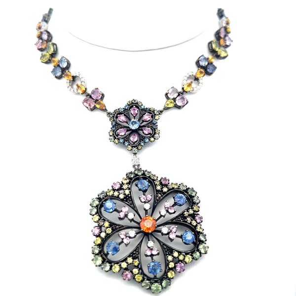 31.42 Carat Sapphire 0.83 Carat Round H-SI Diamond 18K Gold Pendant Necklace