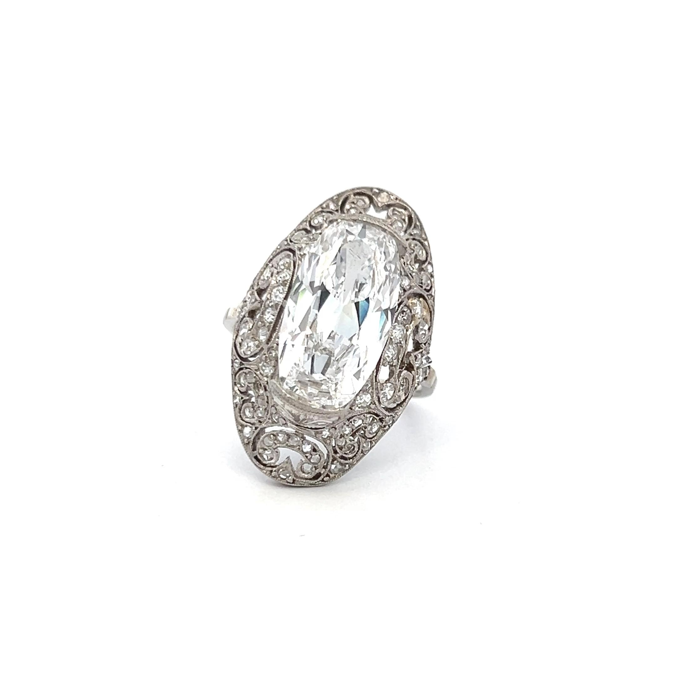 Platinum Art Deco Ring with 5.01 Carat Cushion Diamonds Size 4.5 D VS2 GIA