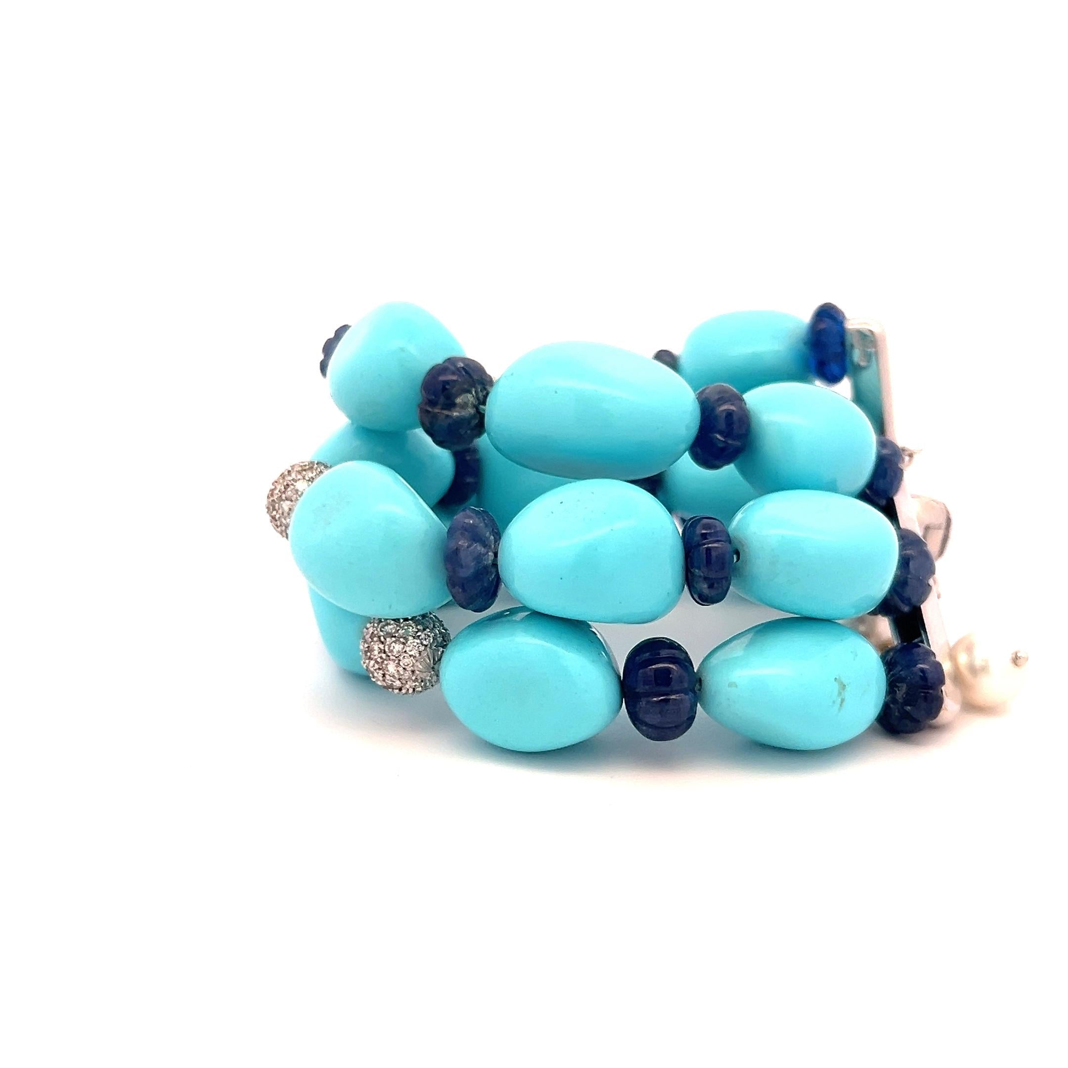2.10 Carat Sapphire 1.35 Carat Diamond Turquoise and Pearl 18K WG Link Bracelet