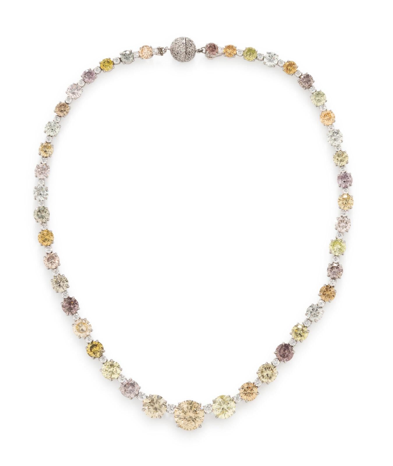 Platinum Riviera Necklace with 67.49 Carat Fancy Multi-Colour Diamonds GIA
