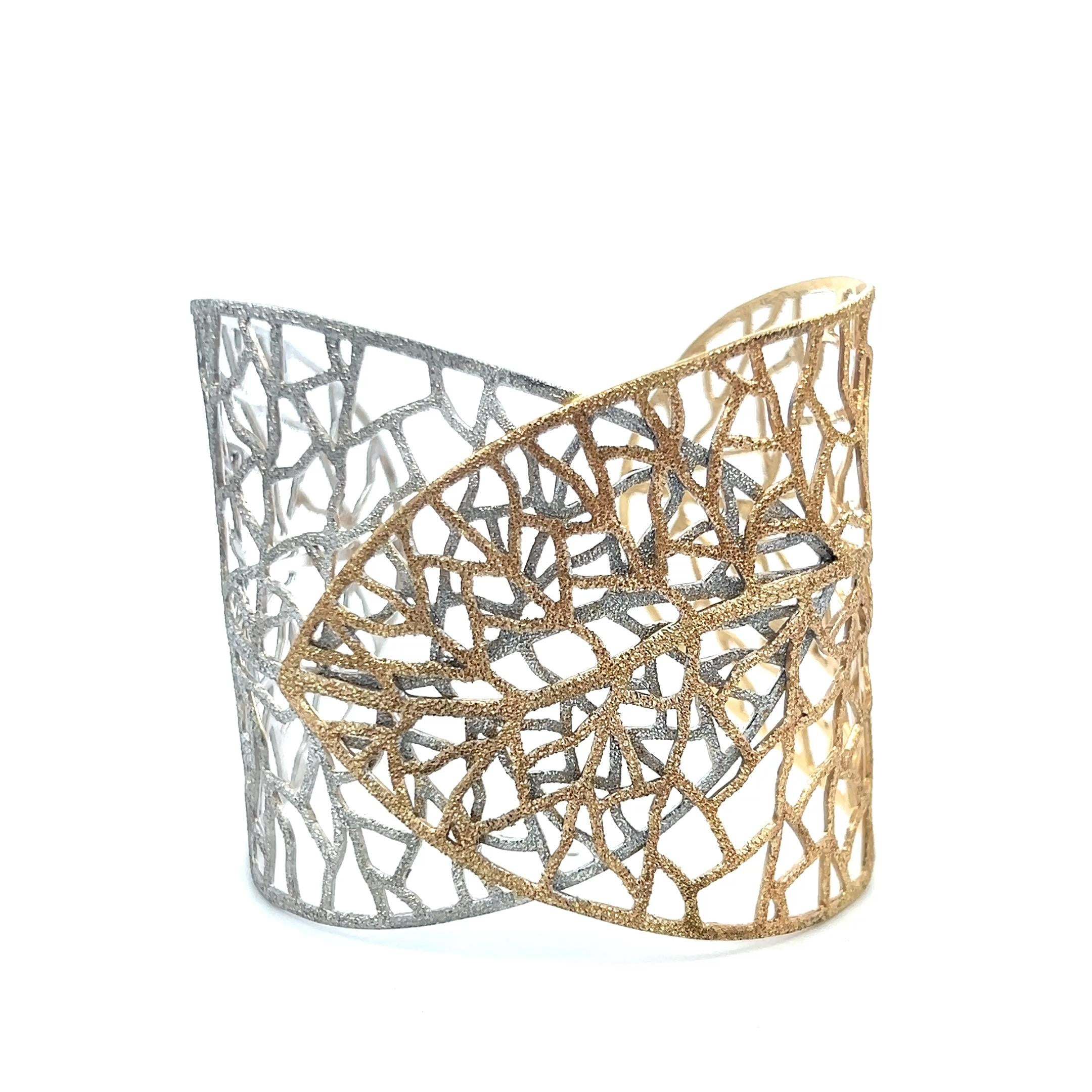 Textured Openwork Leaf Design 14 Karat Two Tone Gold Cuff Bracelet