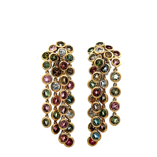 13.00ct Multi-Color Sapphire 18K Yellow Gold Vintage Dangle Earrings