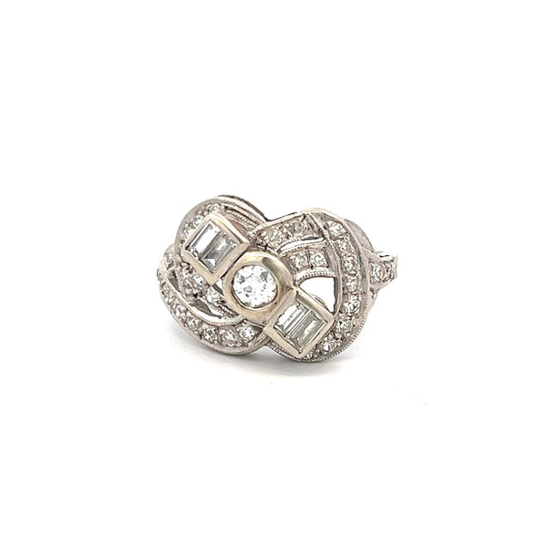 1.00 Carat Old European Cut and Baguette Diamond 14K WG Art Deco Ring