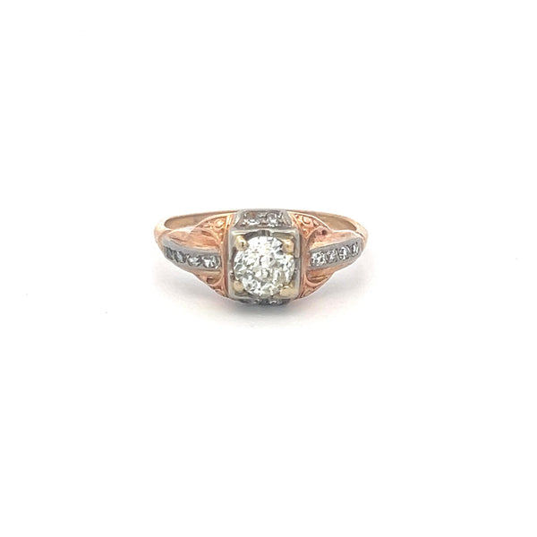 0.57 Carat Old European Cut J SI Diamond 14 Karat Two Tone Gold Art Deco Ring