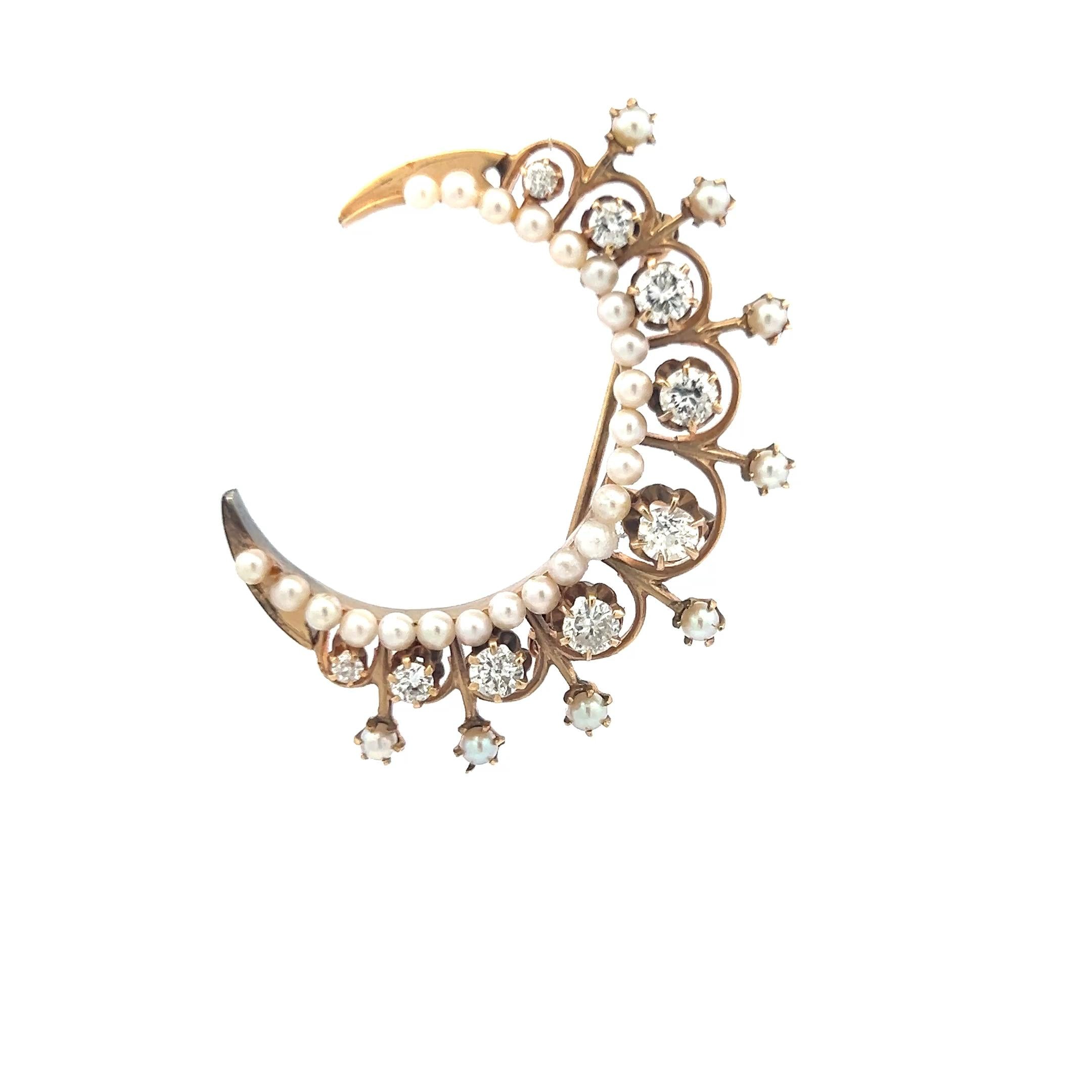 1.25 Carat Old European Cut Diamond 1.8-3 MM Pearl 14K Yellow Gold Pin Brooch