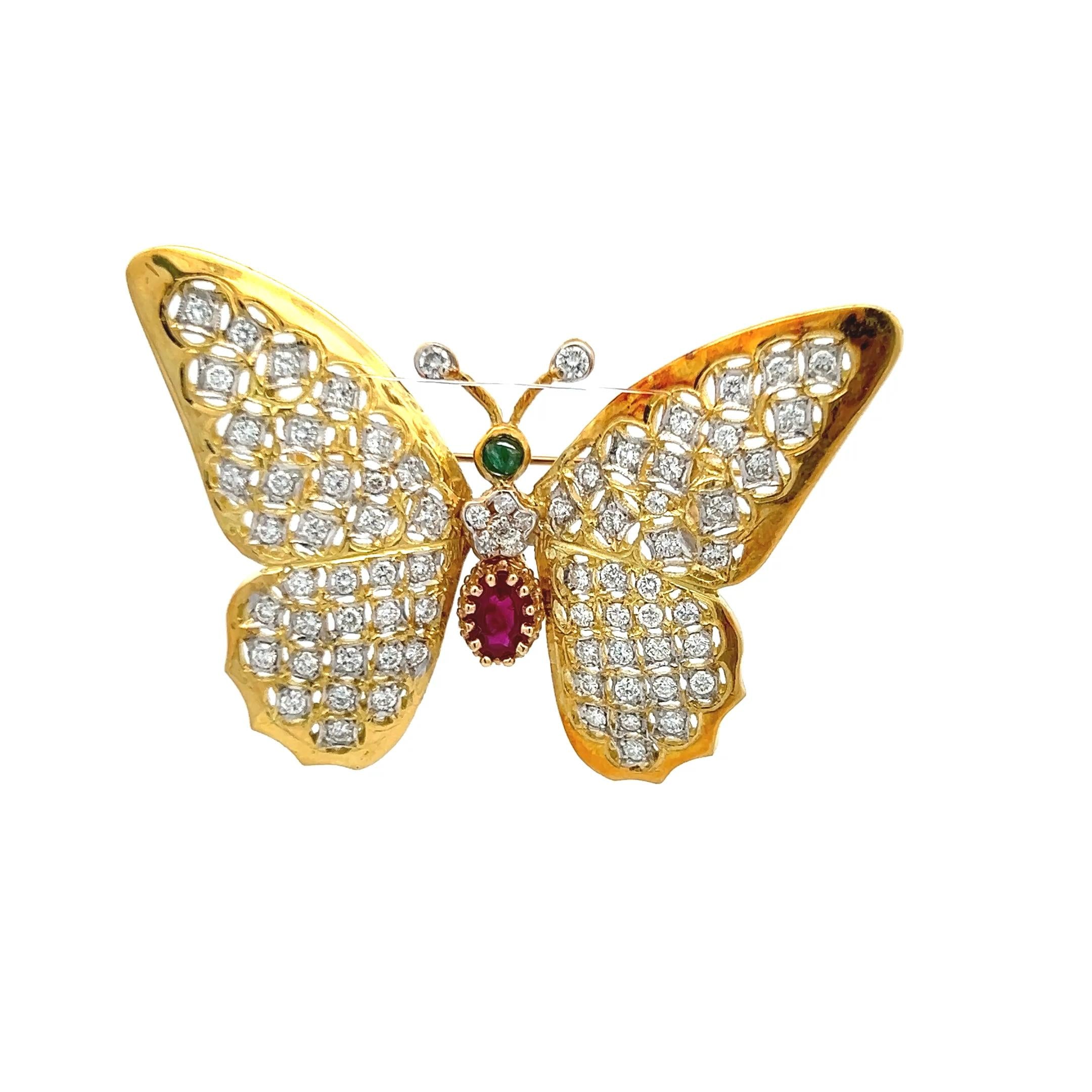 18K Yellow Gold Butterfly Pin Brooch 2.12ct Diamonds 1ct Ruby & 0.1ct Emerald