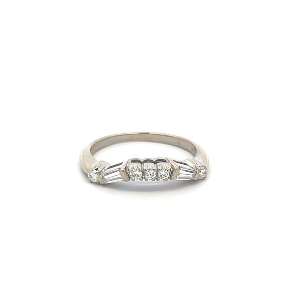0.30 Carat Round Brilliant and Baguette Diamond 14Karat White Gold Band Ring