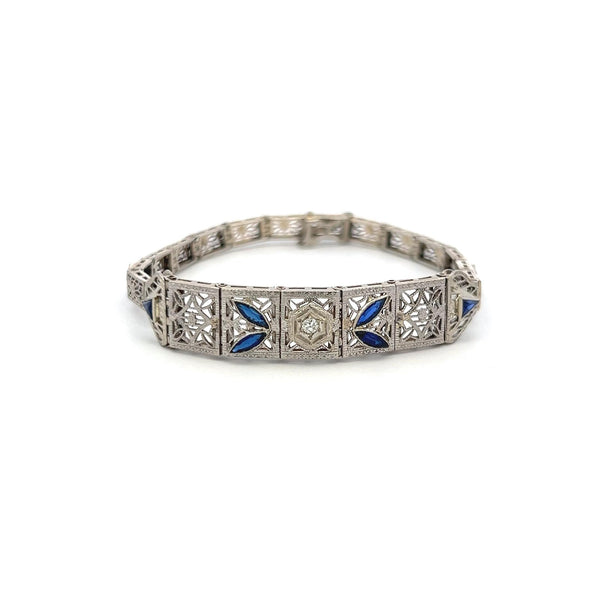 1.20 Carat Sapphire 0.10 Carat Old European Diamond 14K WG-PLT Art Deco Bracelet