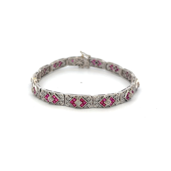 Art Deco 18K White Gold Bracelet with 2.50ct Rubies & 1.10ct Diamond Accents