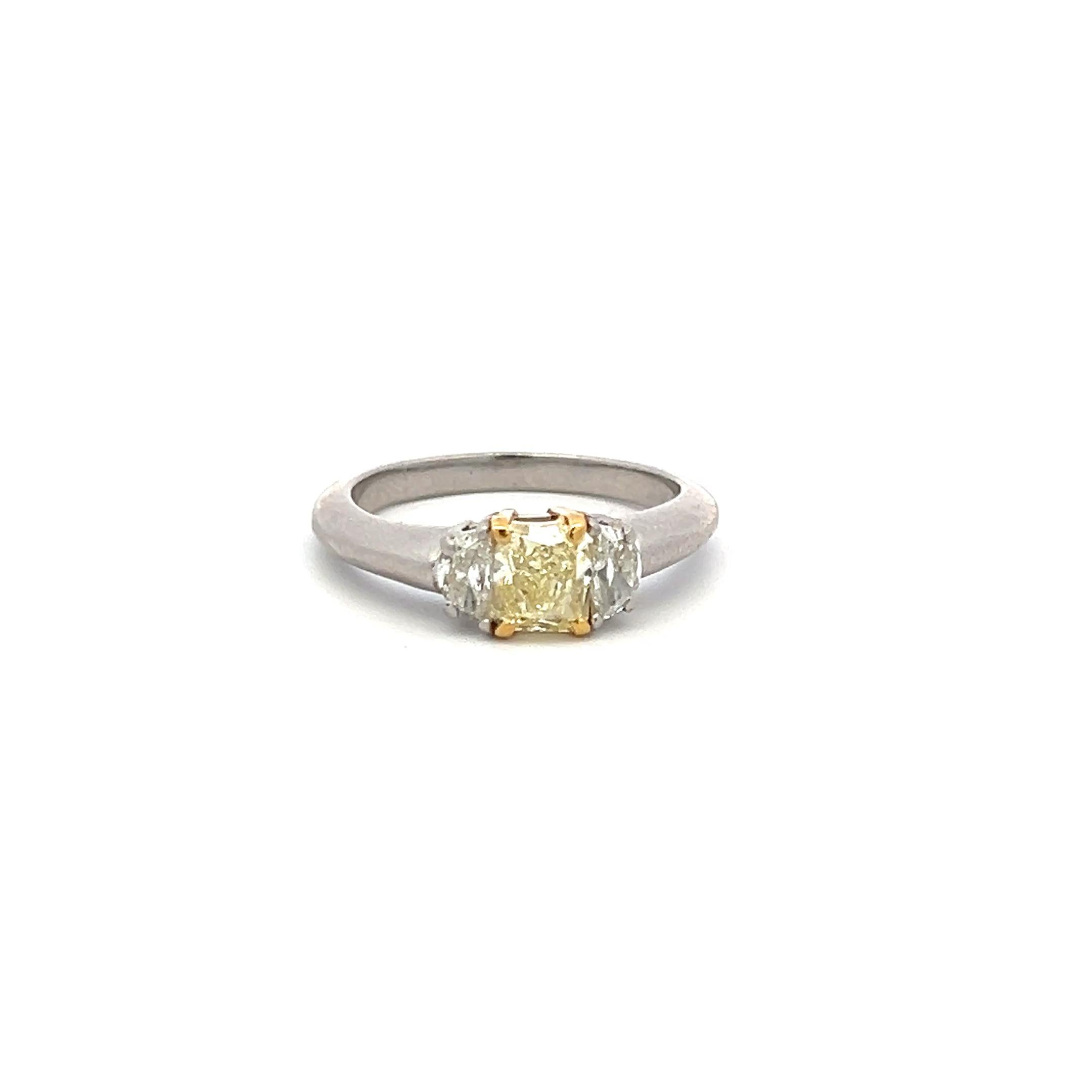 1.30 Carat Radiant Fancy yellow and Half Moon Diamond 18K GLD-P Three stone Ring