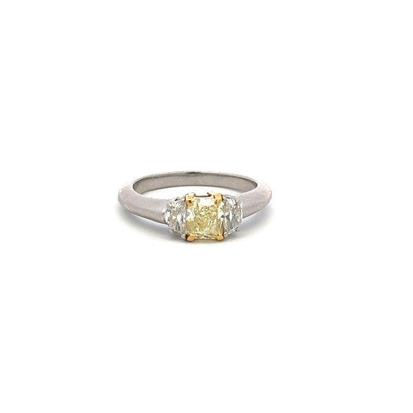 1.30 Carat Radiant Fancy yellow and Half Moon Diamond 18K GLD-P Three stone Ring