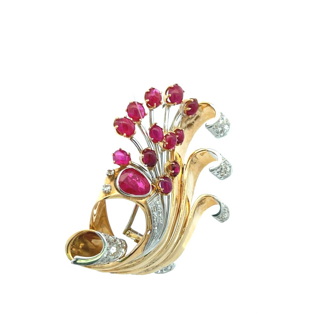 5.50ct Ruby & 1.00ct H-VS Diamond 14K Two-Tone Gold Retro Platinum Brooch Pin