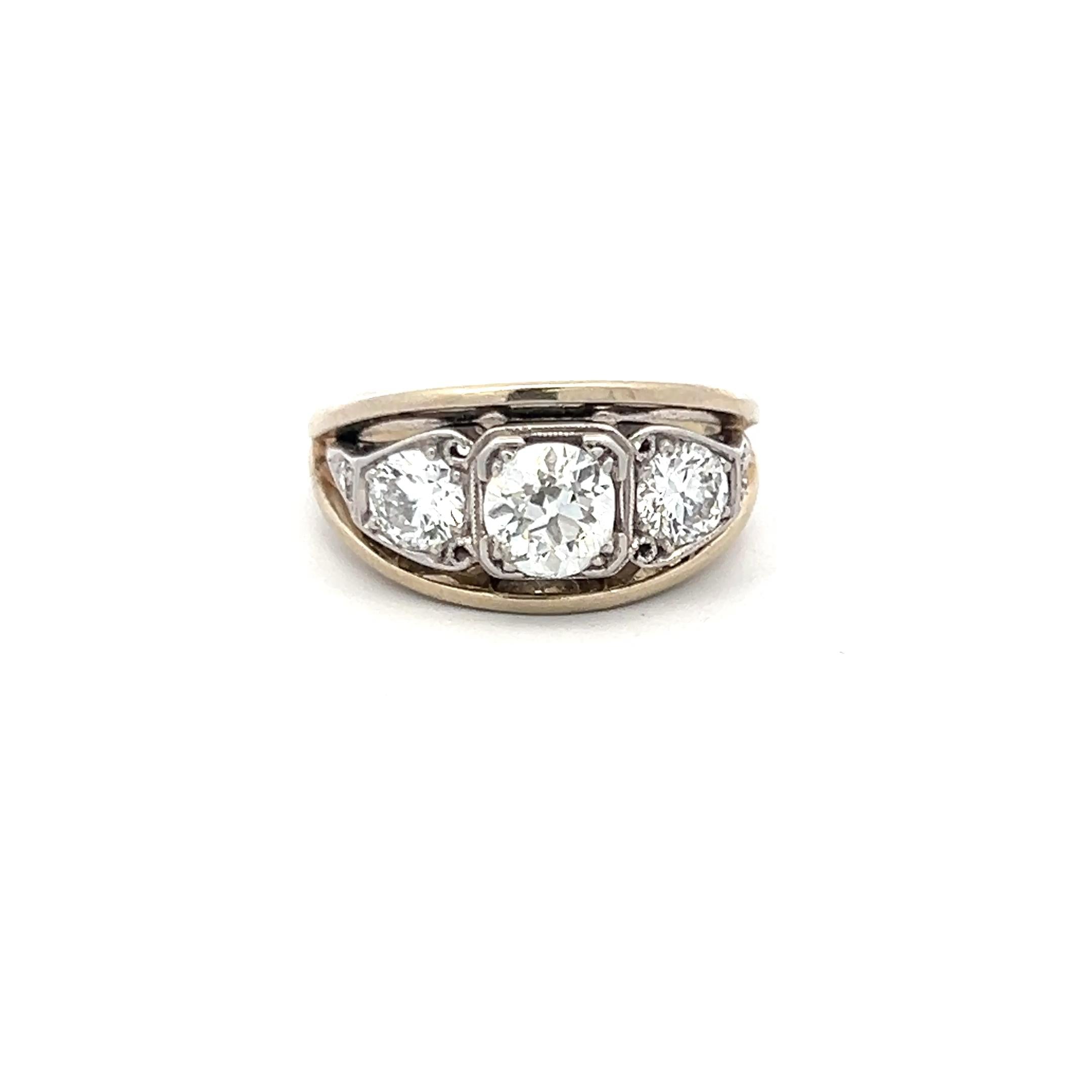 1.34 Carat Old European Cut I SI Diamond 14K White Gold-Plat Three Stone Ring