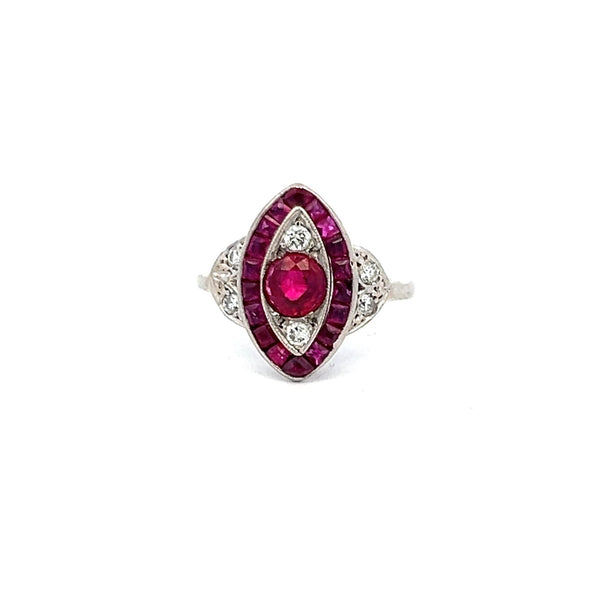 1.10 Carat Ruby 0.18 Carat Old European Cut Diamond Plat Art Deco Ring